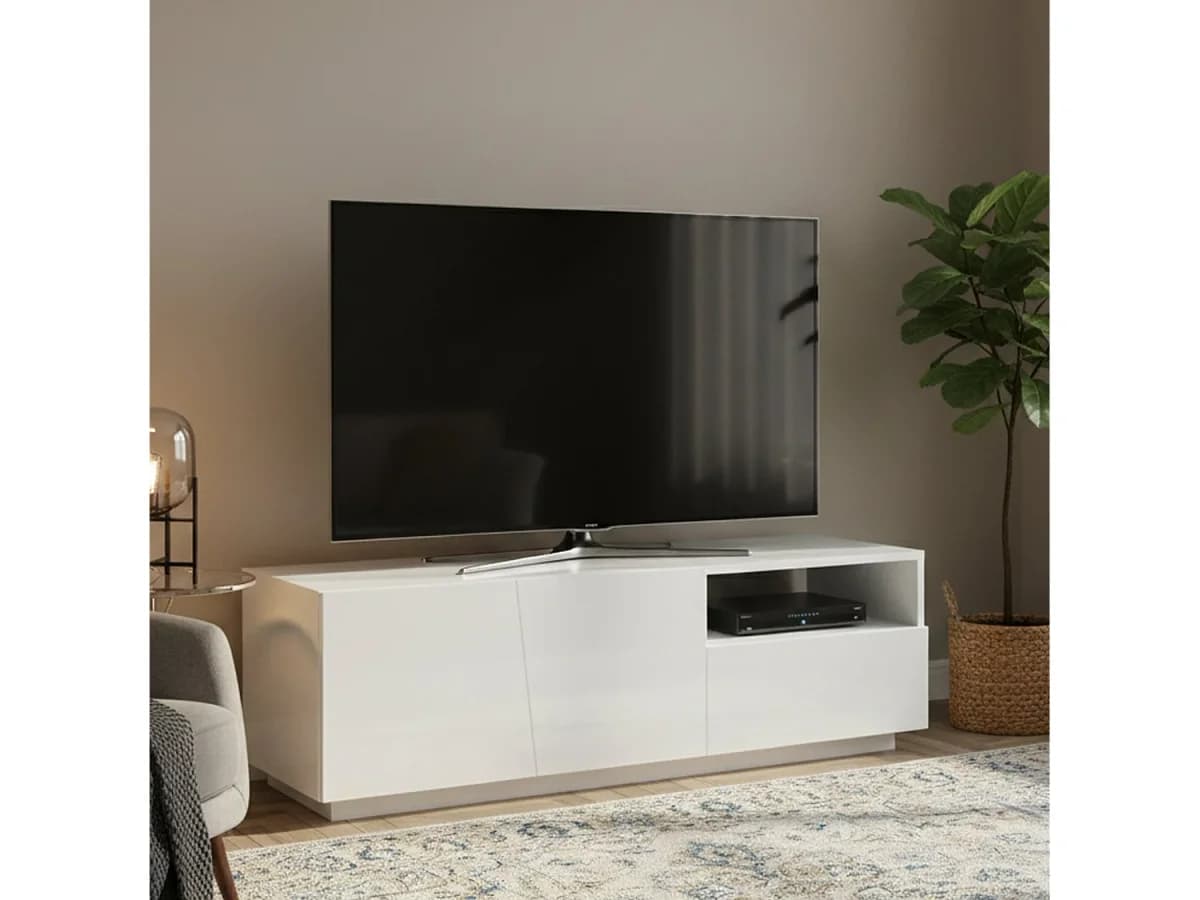 Móvel de TV Nino, Aparador baixo de sala com 2 portas, Base de móvel de televisão, 100% Fabricado em Itália, 150x43h46 cm, Branco brilhante