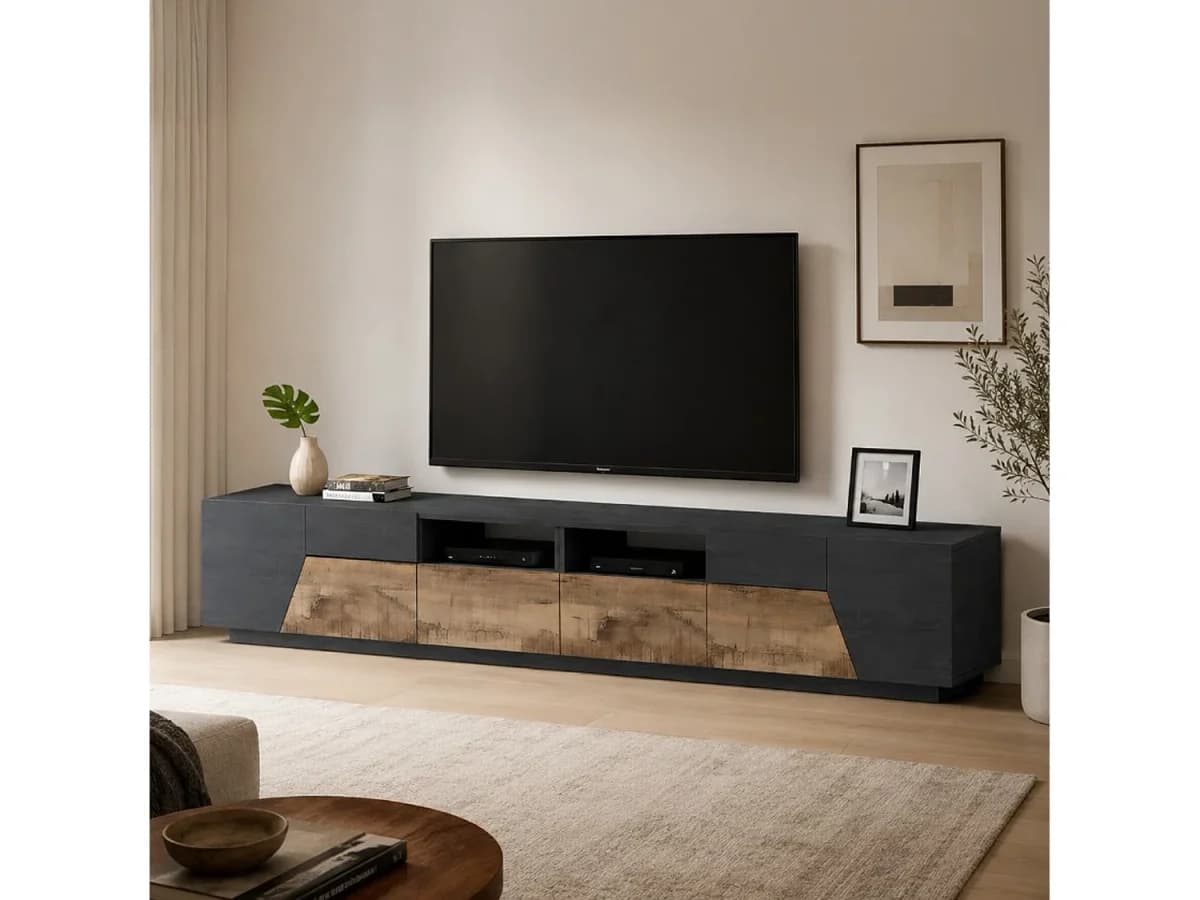 Móvel de TV Gregorio, Aparador baixo de sala com 4 portas, Base de móvel de televisão, 100% Fabricado em Itália, 260x43h46 cm, Ardósia e Bordo