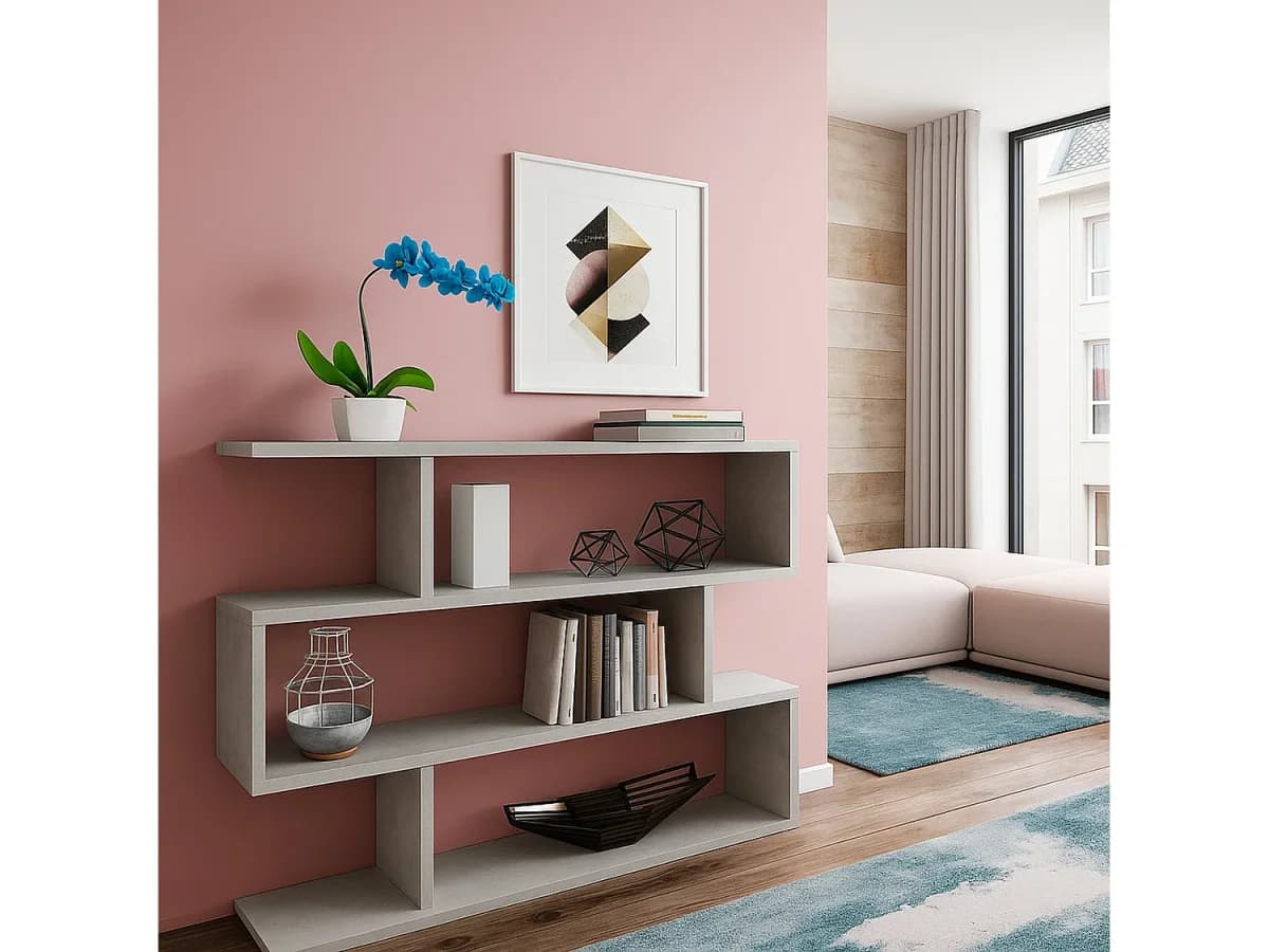 Estante Dfanes, Estante baixa dupla face, Prateleira com três compartimentos, Estante de escritório moderna, 110x24h97 cm, Cinza concreto