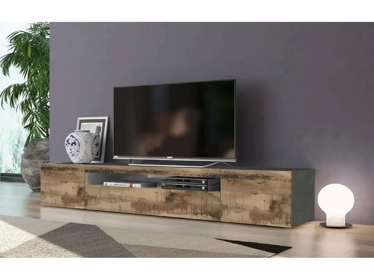Móvel de TV Dmarso, Aparador baixo de sala com 3 portas, base de móvel de TV, 100% Fabricado na Itália, 200x40h37 cm, Ardósia e Bordo, com luz LED