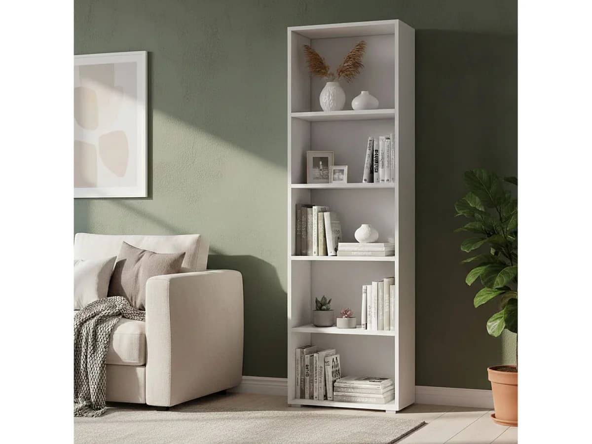 Estante Dedjoum, Biblioteca com 4 prateleiras ajustáveis, Estante de livros, Armário de parede com prateleiras, 100% Fabricado na Itália, 60x30h195 cm, Branco