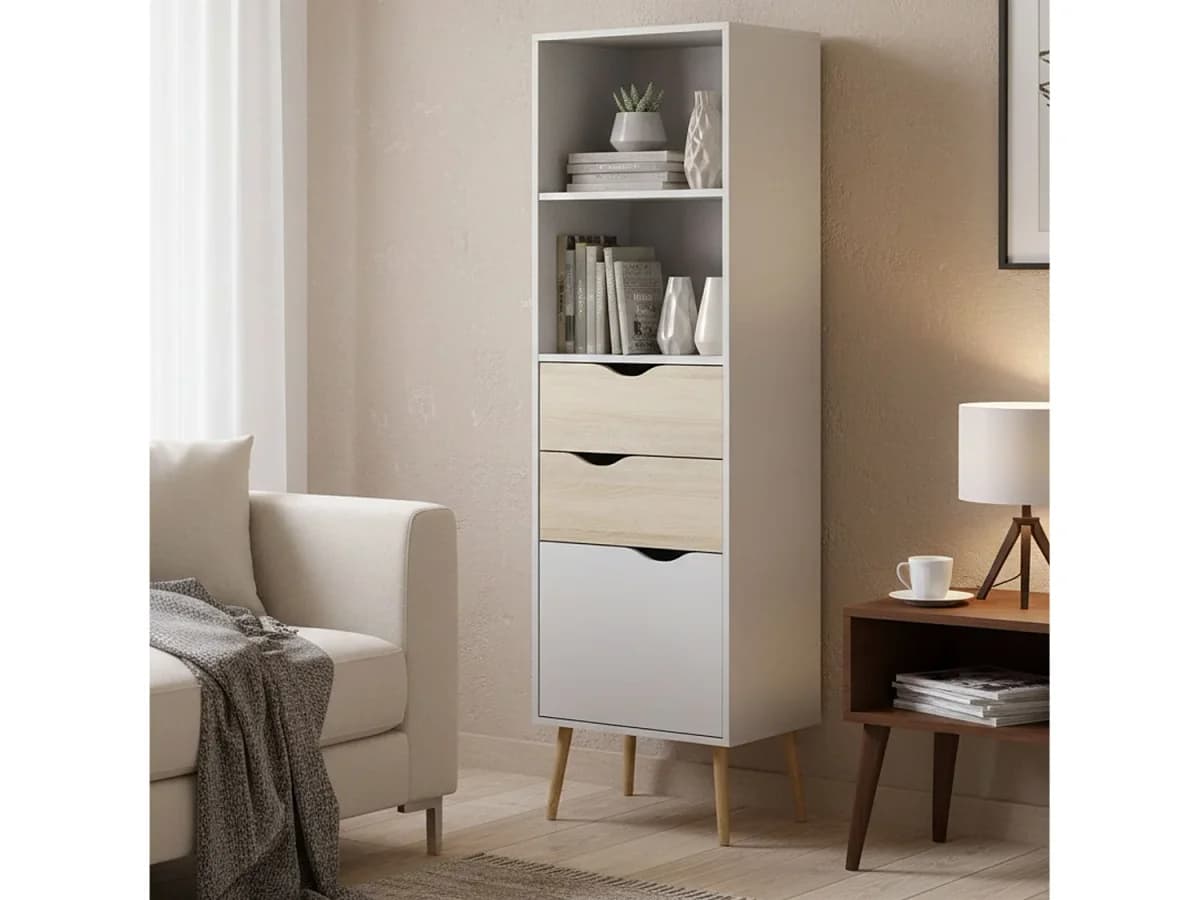 Estante Dtean, estante de escritório, estante, biblioteca, 50x39 h171 cm, branco e carvalho