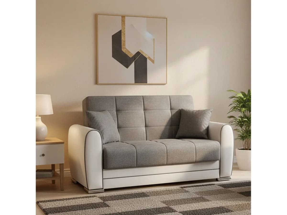 Divano letto con penisola Pablito, Divano contenitore reversibile in ecopelle e tessuto, Sofà apertura click-clack, 163x84h91 cm, Bianco e Grigio
