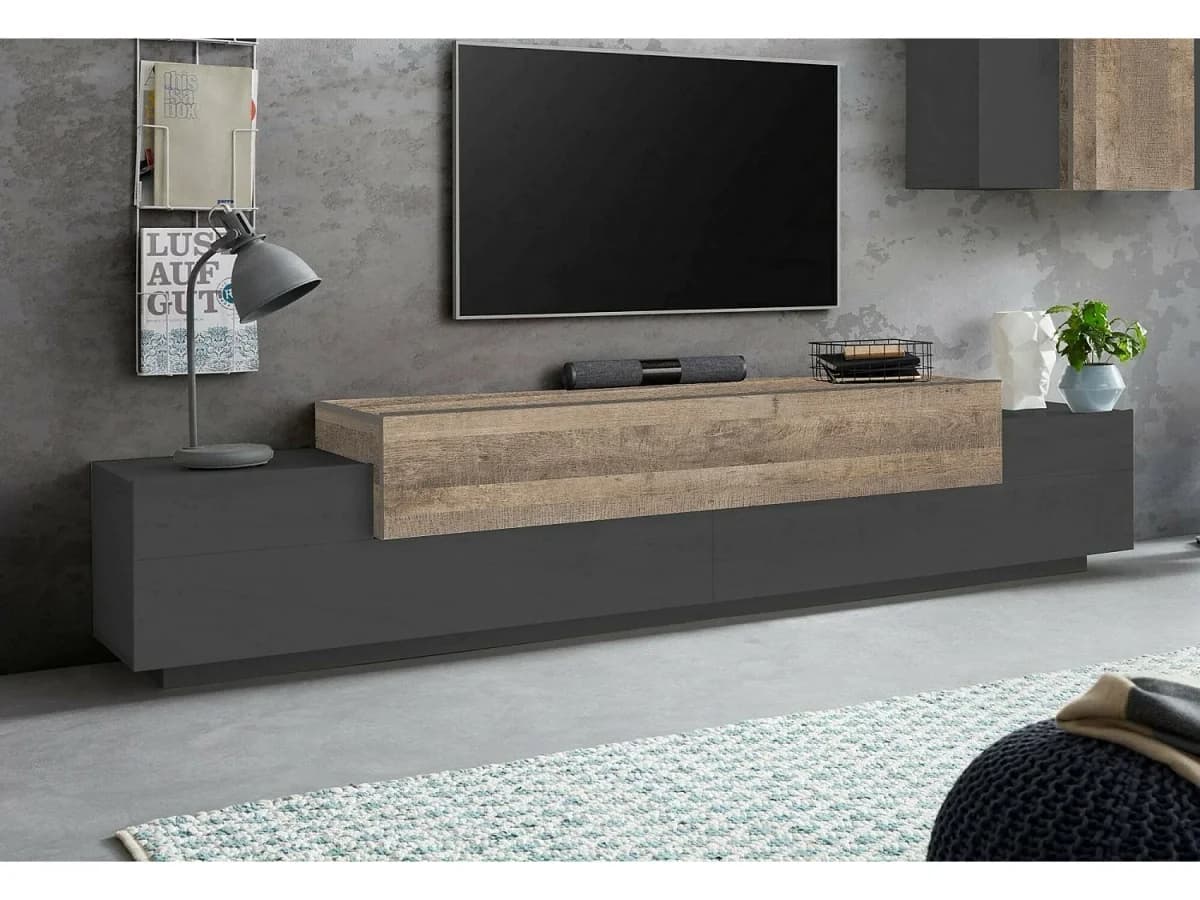Móvel de TV Dlamann, Aparador baixo de sala, base de móvel de TV, 100% Fabricado em Itália, 240x45h52 cm, Antracite e Bordo