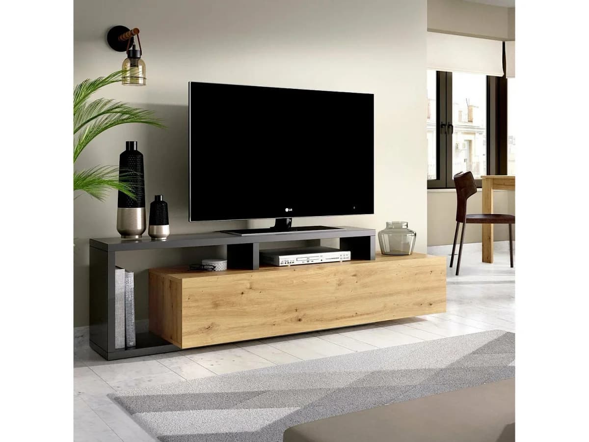 Móvel de TV Maiella, Aparador baixo da sala, Aparador da sala para televisão, 165x40h47 cm, Carvalho Nodi e Antracite