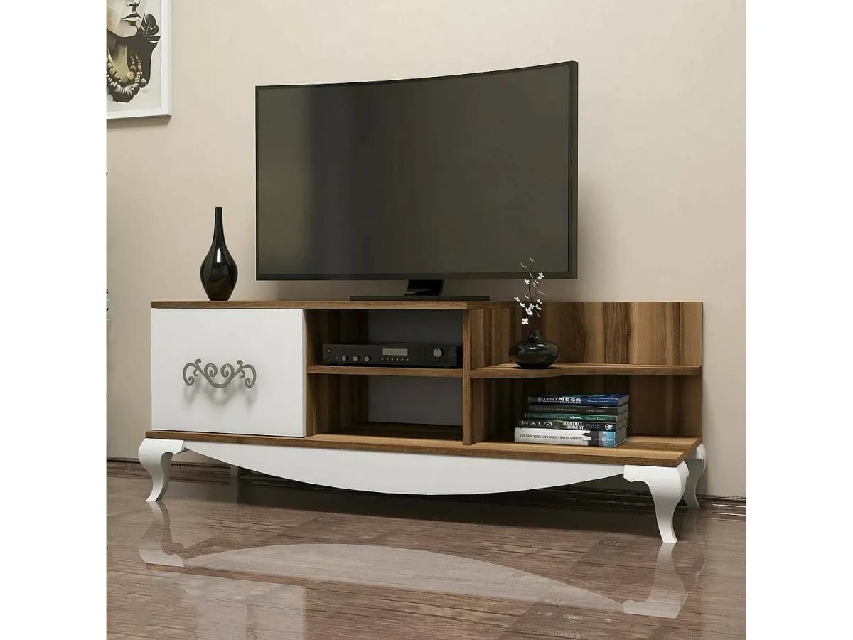 Armário de TV Dporrin, Aparador de sala, Armário de TV baixo, Base de parede equipada, 130x45h51 cm, Nogueira e Branco
