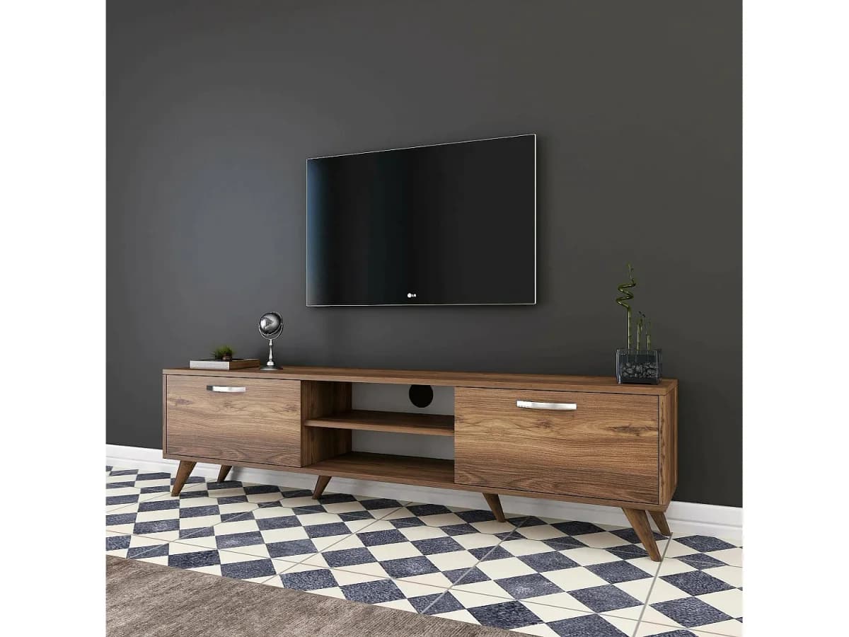 Armário de suporte de TV Dbarar, Aparador de sala, Armário de TV baixo, Base de parede equipada, 180x35h49 cm, Nogueira