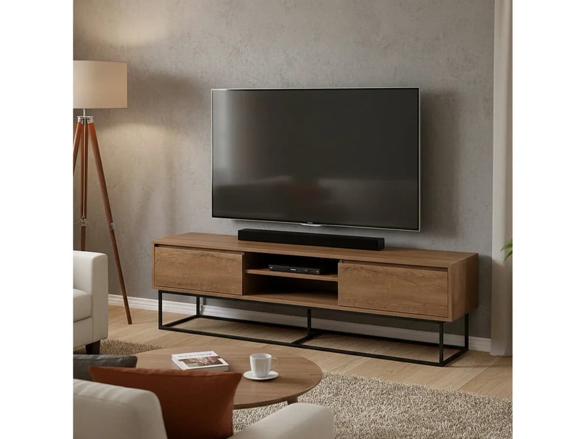 Armário de suporte de TV Dpicon, Aparador de sala, Armário de TV baixo, Base de parede equipada, 180x40h50 cm, Nogueira e Preto