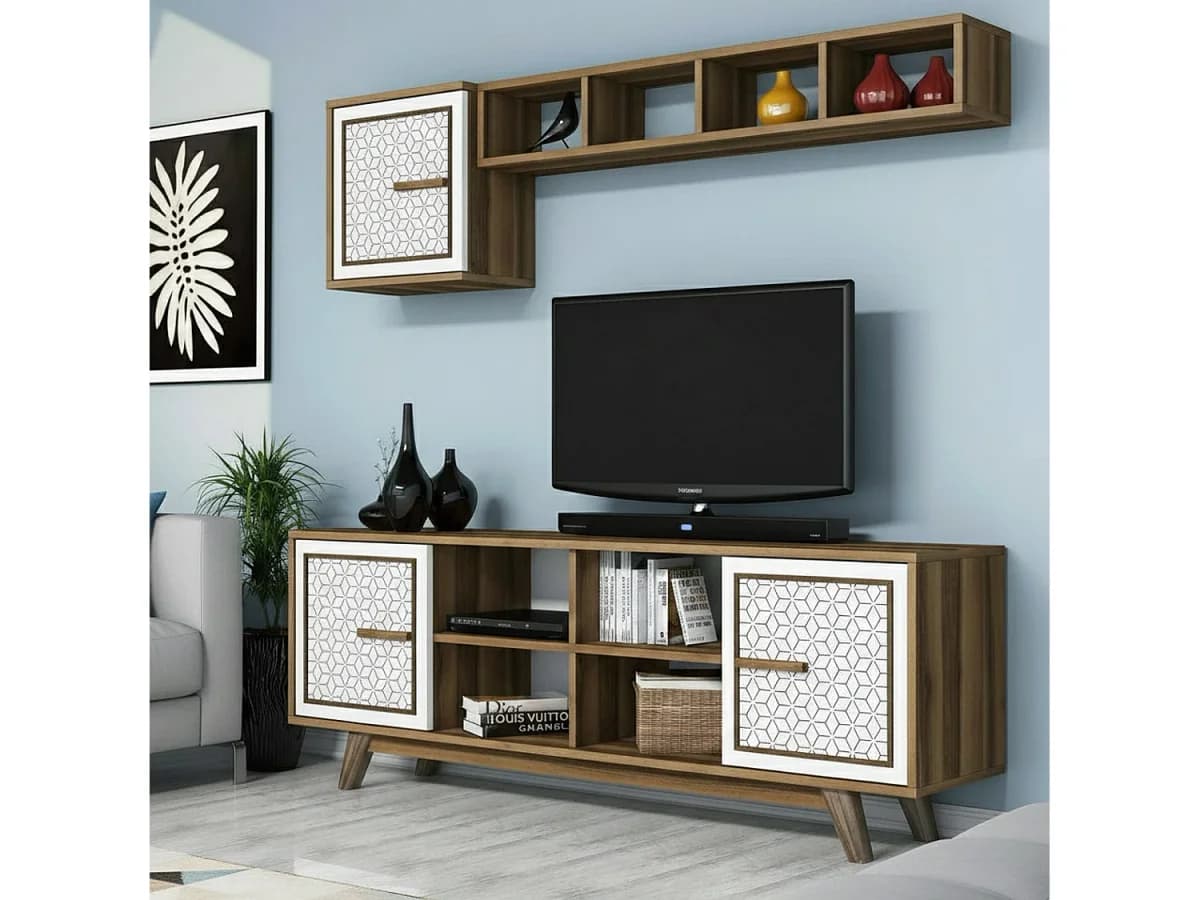 Armário de TV Djajal, Aparador de sala, Armário de TV baixo, Base de parede equipada, 160x35h56 cm, Nogueira e Branco