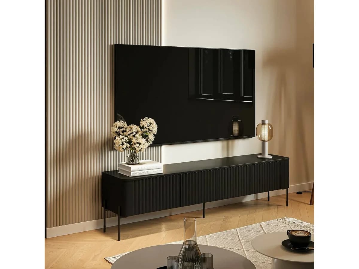 Móvel Porta-TV Brembana, uma Prateleira, 190x40x50h cm Preto, 4 Portas, 4 Nichos