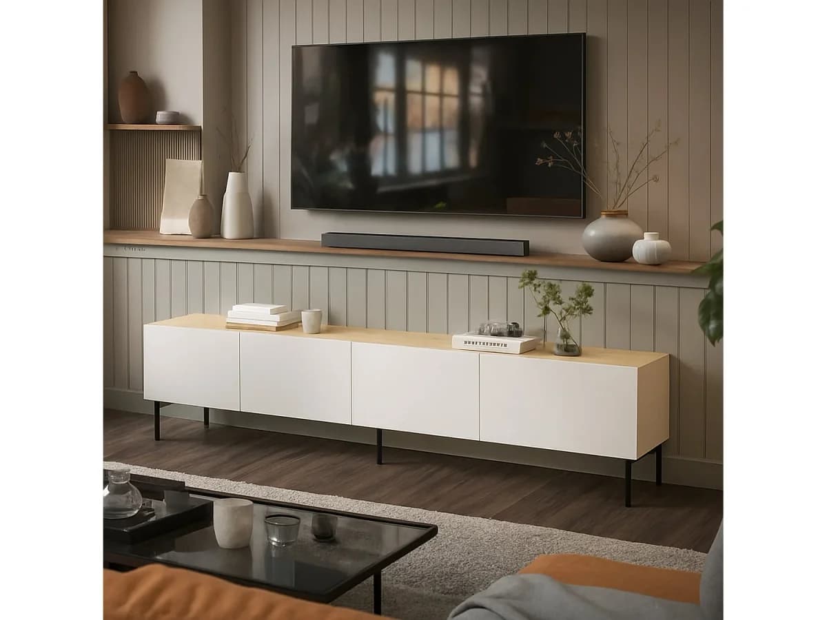 Móvel porta-TV Vassoura, uma prateleira, 200x40x52h cm bege, 4 nichos, 4 portas