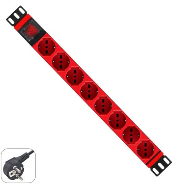 MULTIPLE SOCKET RACK 19"- 8 RED SCHUKO SOCKETS, WITH ONOFF SWITCH