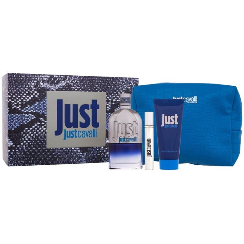 Conjunto Just Cavalli for Him  EDT 90 ml, sprchový gel 100 ml,miniatura EDT 15 ml a kosmetická taška