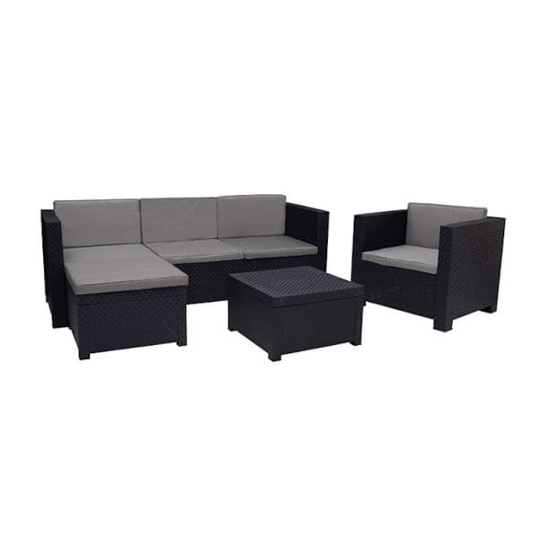 Vente Unique Conjunto de Jardim em Resina Moldada: um Sofá de Canto 4 Lugares, um Cadeirão e uma Mesa de Centro Antracite Manhattan