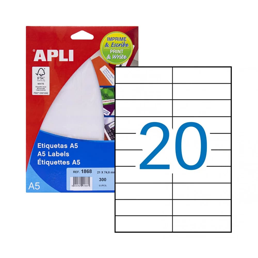 Apli Etiquetas Cantos Retos A5 21x74.6mm - 01868