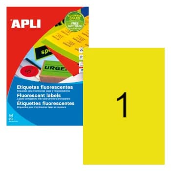 Etiquetas 210×297 Apli Amarelo Flourescen 20 Folhas A4 20n