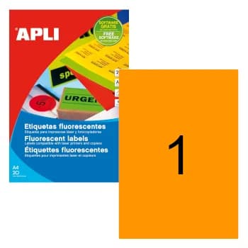 Etiquetas 210×297 Apli Laranja Fluorescente 20Folhas A4 20un