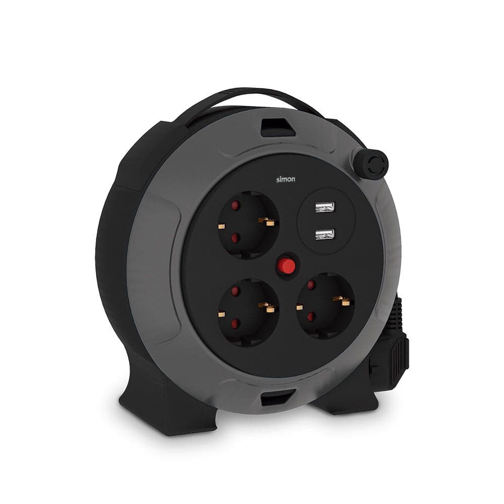 Simon Carretel de Cabo 2 USB A 3 Tomadas Schuko 16 A 230 V 5 Metros Preto/Cinza