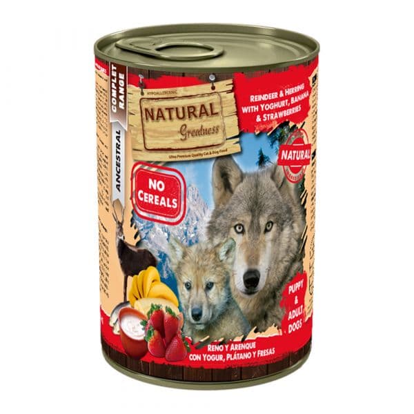 Ração Húmida Natural Greatness Reindeer & Herring with Yogurt, Banana & Strawberries 400g