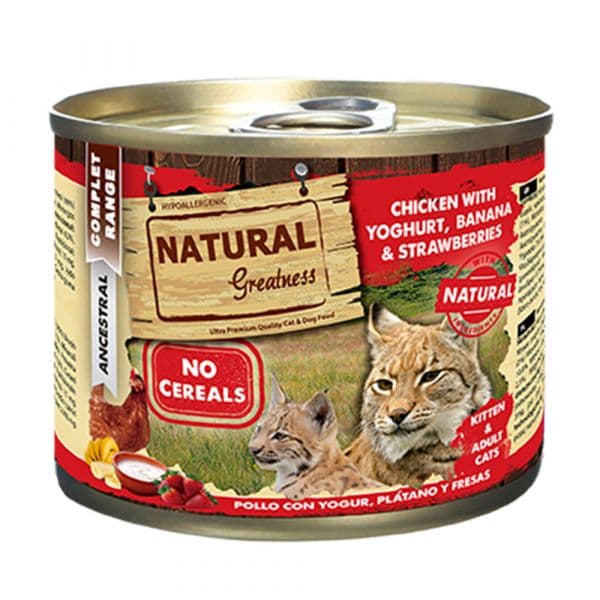 Ração Húmida Natural Greatness Chicken & Yogurt & Banana & Strawberries Cat 185g