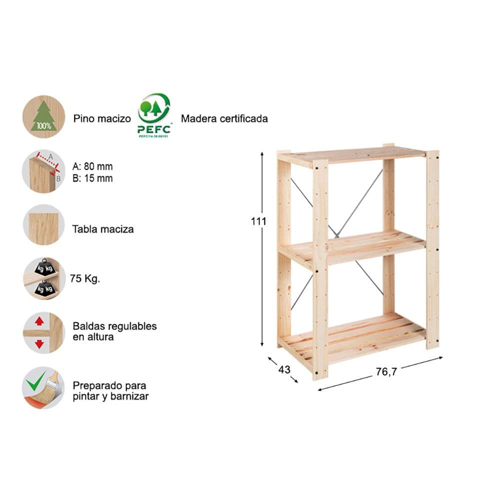ESTANTE 3 PRATELEIRAS EVOLUTION 111X76,7X43CM PINHO MACIÇO ASTIGA