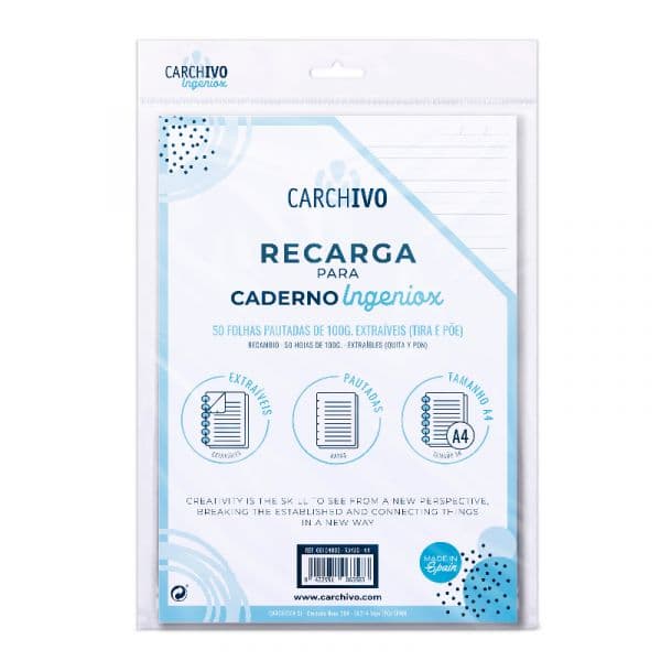 Carchivo Recarga de 50 Folhas A4 Pautadas para Caderno Ingeniox
