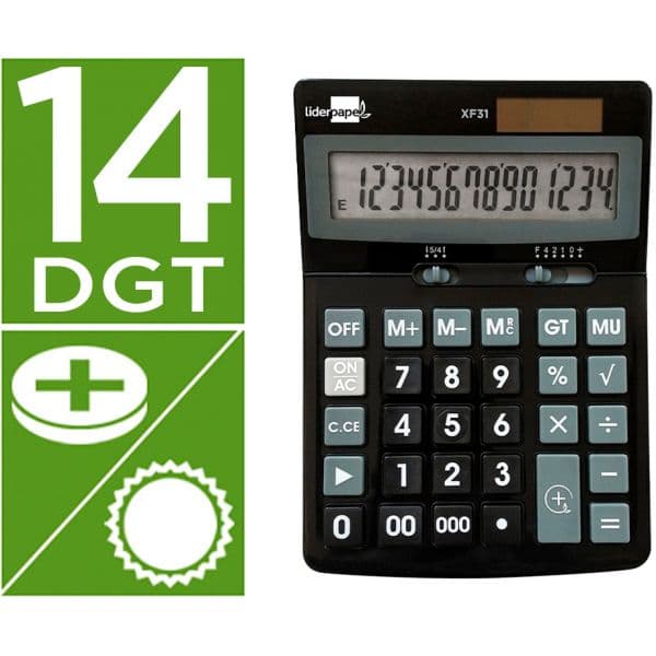 Calculadora LiderPapel de Secretária Xf31 14 Dígitos Solar e Pilhas Preto