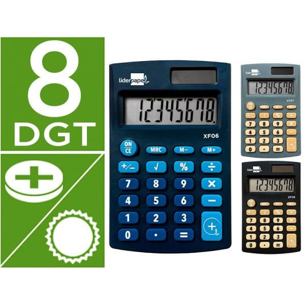 Calculadora Liderpapel Calculadora de Bolso xf08 8 Dígitos Solar e Pilhas 98x62x8 mm 16 Unidades Cores Sortidas