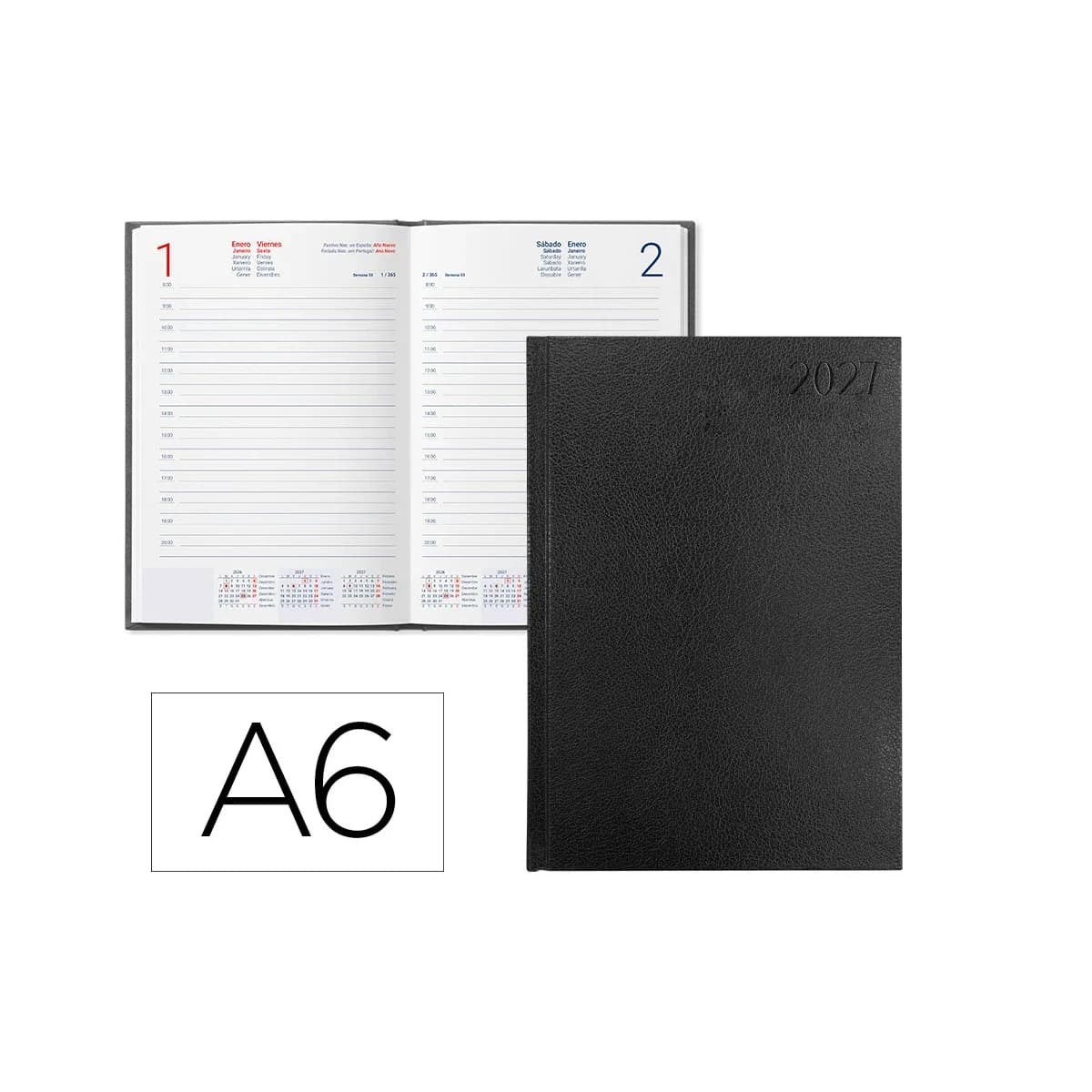 Agenda de escritório liderpapel 2027 encadernada corfu dia/página a6 bilíngue papel 60g fsc preto