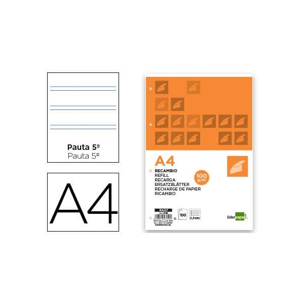 Liderpapel Recarga DIN-A4 100F Pauta 5- 4 Furos com Margem P - RA07
