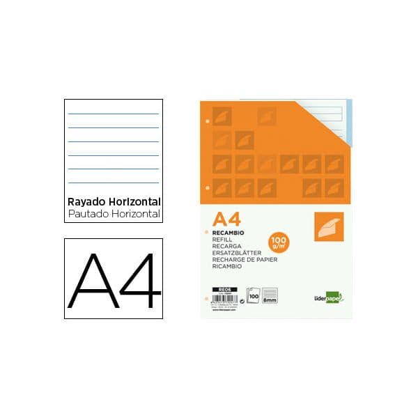 LiderPapel Resma 100Fls Papel A4 100g Pautado s/ Margem Recarga - RE06