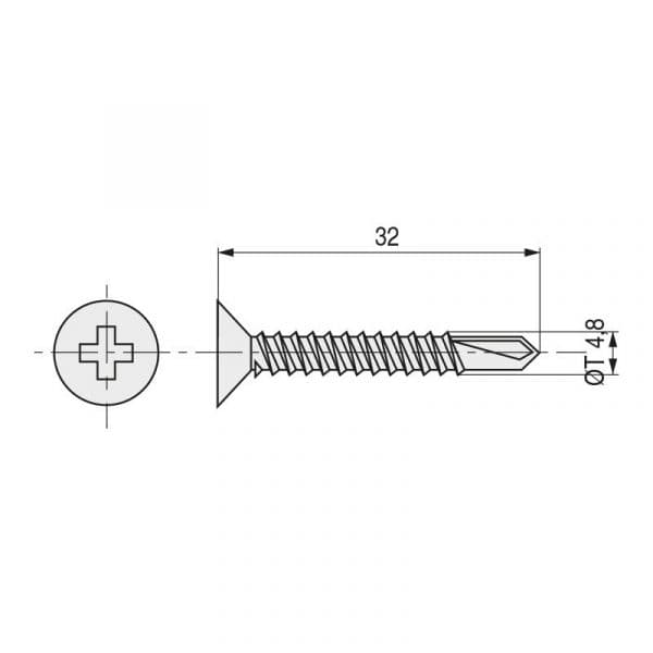 Index Index- Parafuso Broca Rosca Chapa Cabeza Plana Din 7504-P Zincado Larg.r/chapa 32mm ø Rosca Chapa 4.8mm. 500 Unidades - 914.66