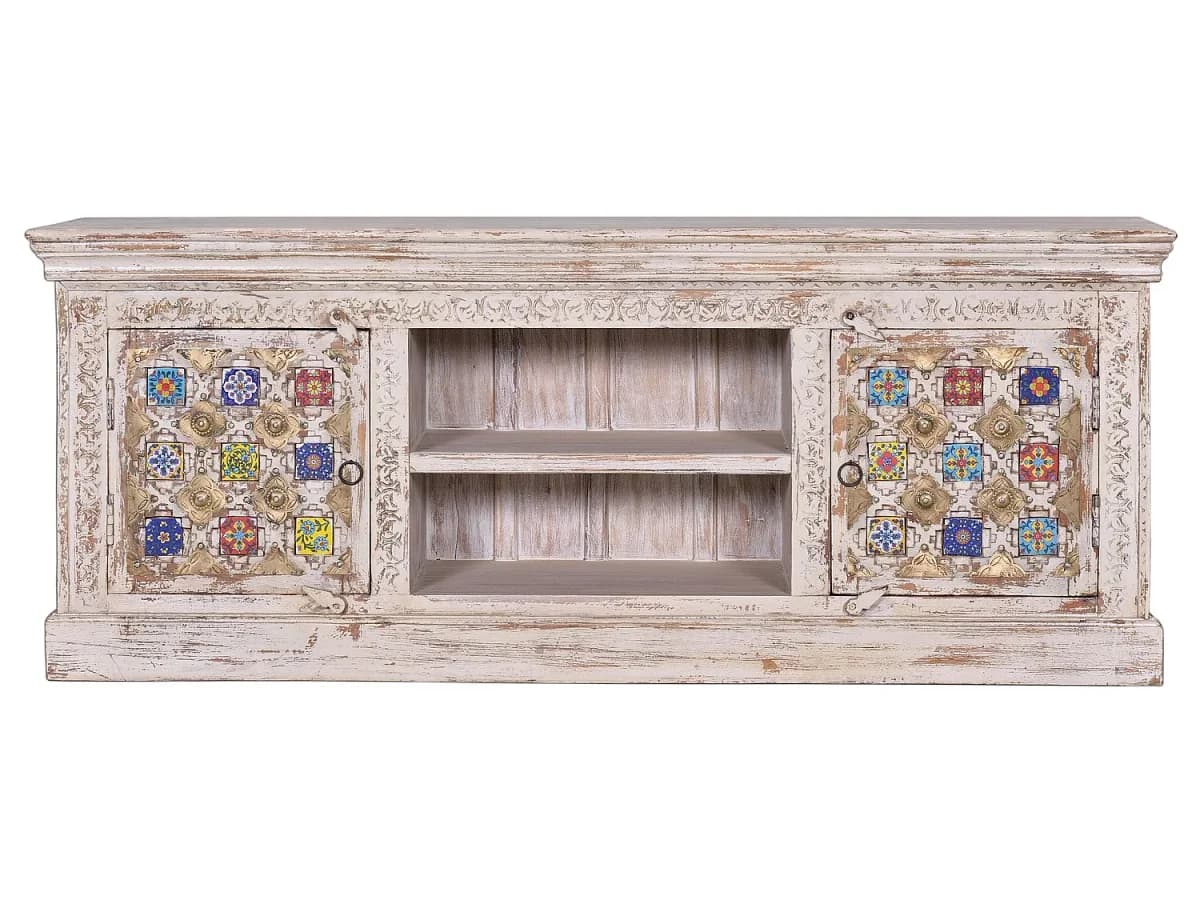 Suporte para TV em madeira de mangueira, 150 cm, estilo mediterrâneo moderno - 60x150x40