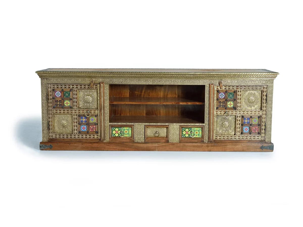 Suporte para TV em madeira de acácia, 180 cm, estilo étnico artesanal - 60x180x40
