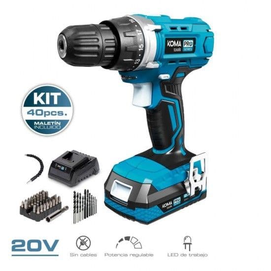 Koma Tools Kit Berbequim Aparafusador com 40 Acessórios 20v com Bateria e Carregador