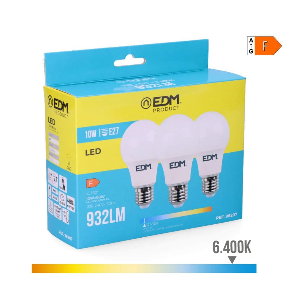 EDM Pack 3 Lâmpadas Led E27 10w 810 Lm 6400k. - EDM98207