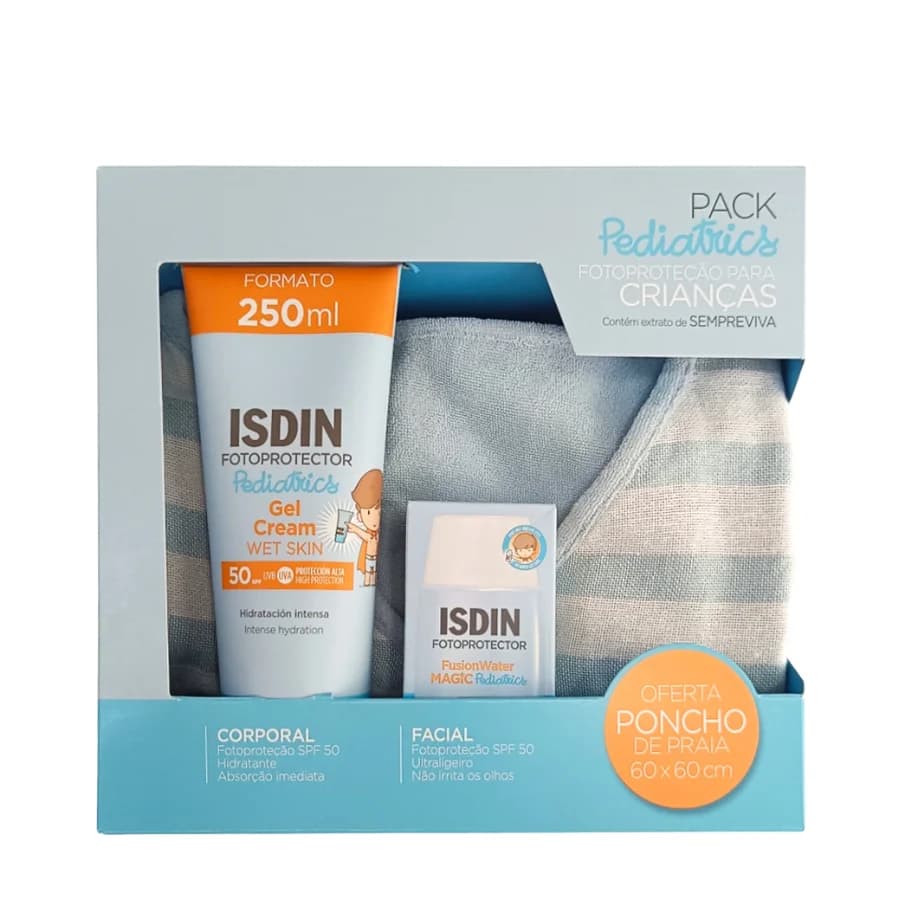 Protetor Solar Isdin Fotoproteção Pediatrics FusionWater Magic SPF50 50ml + Gel-Creme Wet Skin SPF50 250ml + Poncho de Praia