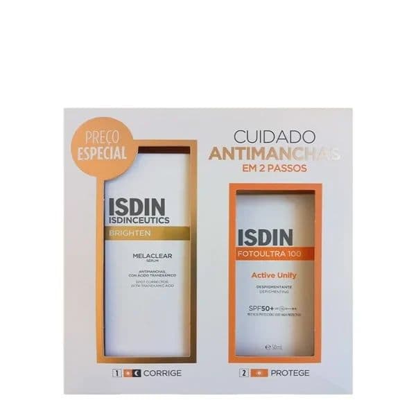 Protetor Solar Isdin Isdinceutics Brighten Melaclear Sérum 30ml + Fotoultra 100 Active Unify SFP50+ 50ml