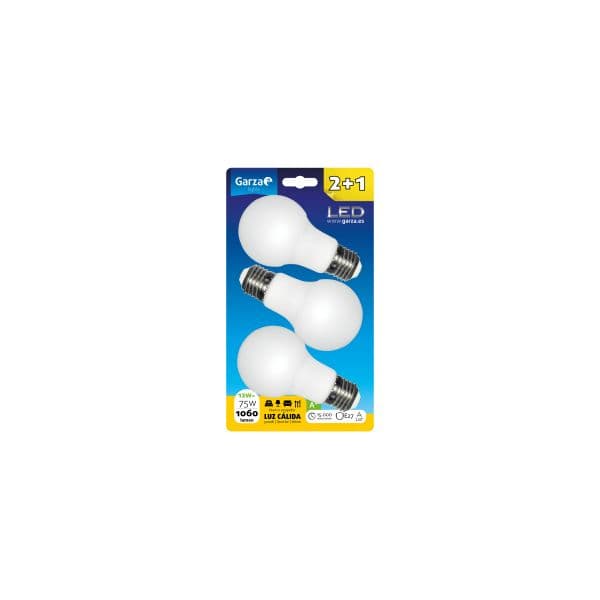 Garza Lighting, Blister de 3 Bombillas LED Standard 12W, E27, 220º, 1060 lúmenes, 3000K, Luz Cálida 462041A