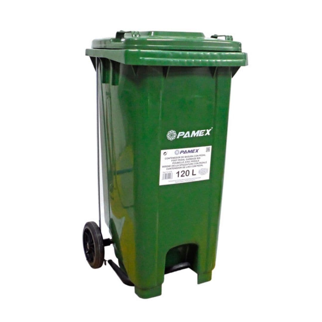 Contentor de Lixo Verde com Pedal e Rodas para Uso Profissional 120L