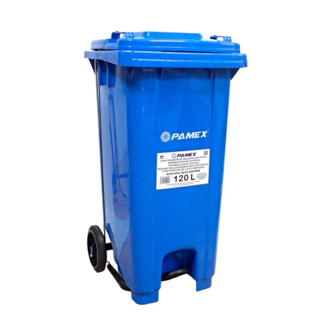 Contentor de Lixo Azul com Pedal e Rodas para Uso Profissional 120L