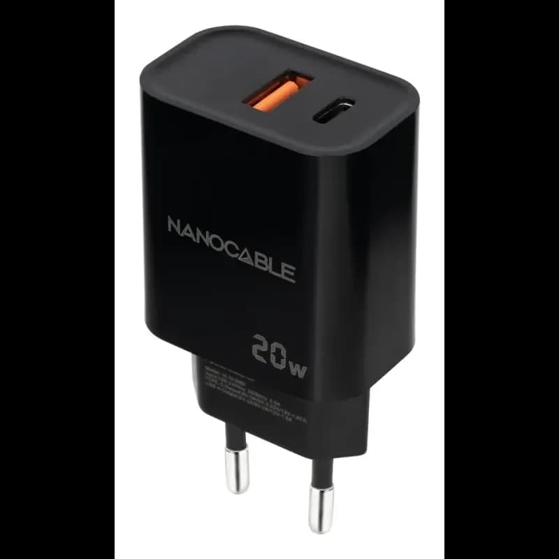 Nanocable Carregador USB-C/PD + USB-A/QC 20W Preto