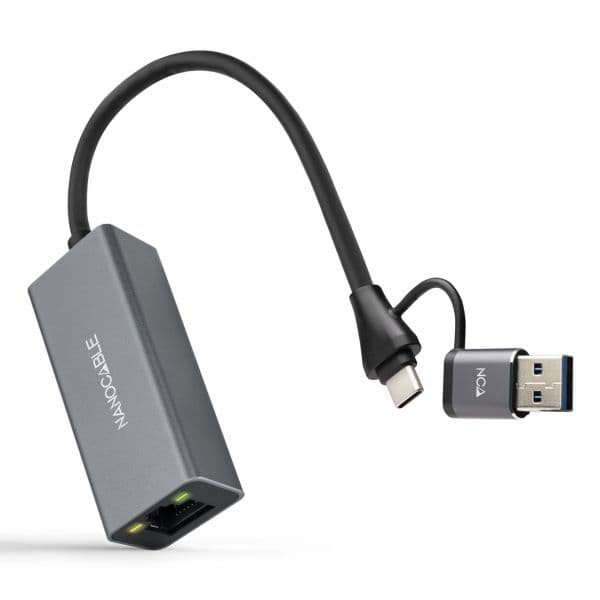 Nanocable Adaptador de Rede USB-C + USB-A Macho 3.0 para Ethernet Gigabit RJ45 10.03.0411