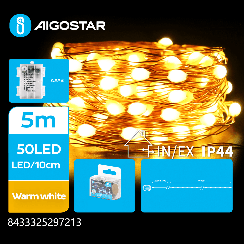 LUZES DE CORDAS DE FIO DE COBRE DE 3AA, BRANCO QUENTE, 5M