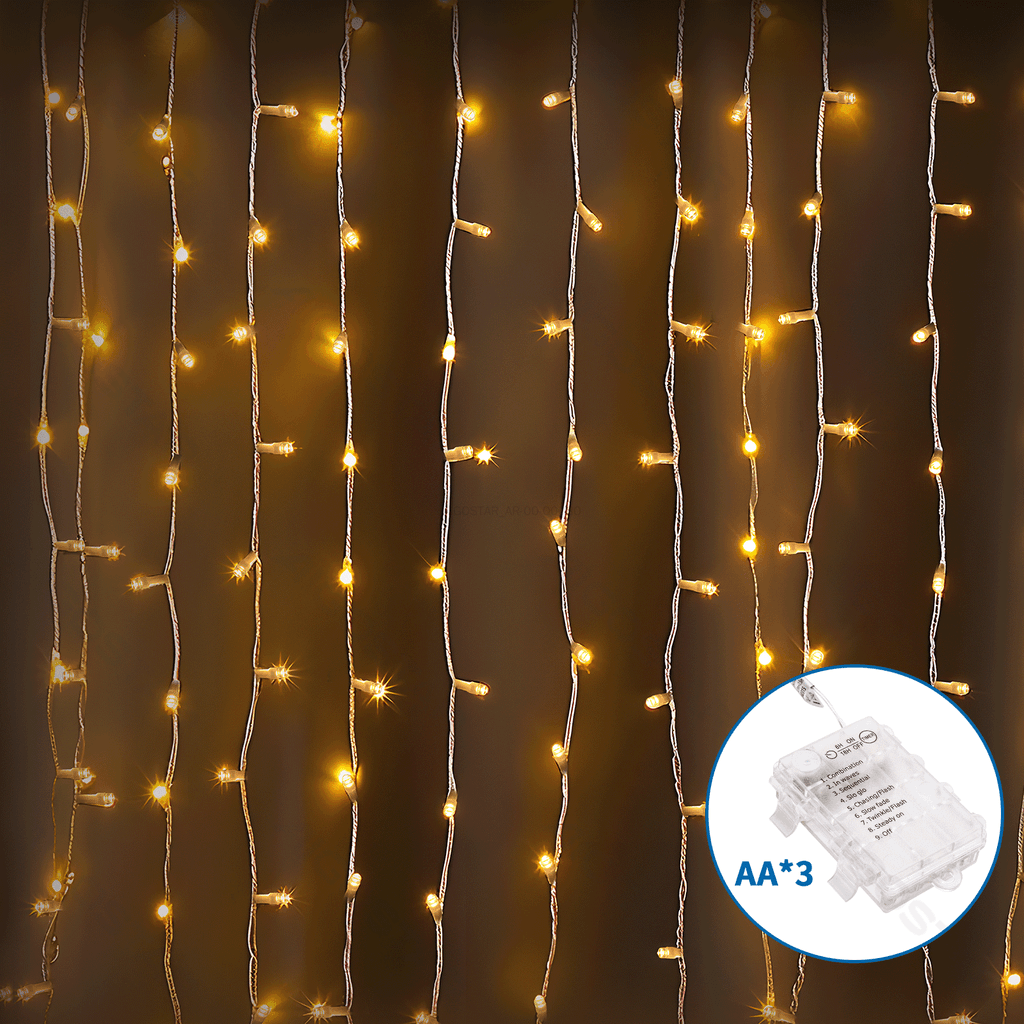 LUZES DE CORDAS PLANAS DE CORTINA DE BATERIA 3AA, BRANCO QUENTE,