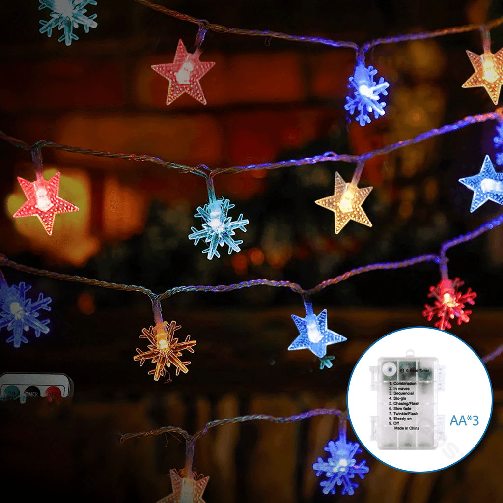 3AA BATTERY STAR SNOWFLAKE STRING LIGHTS, RGBY, 2,5M