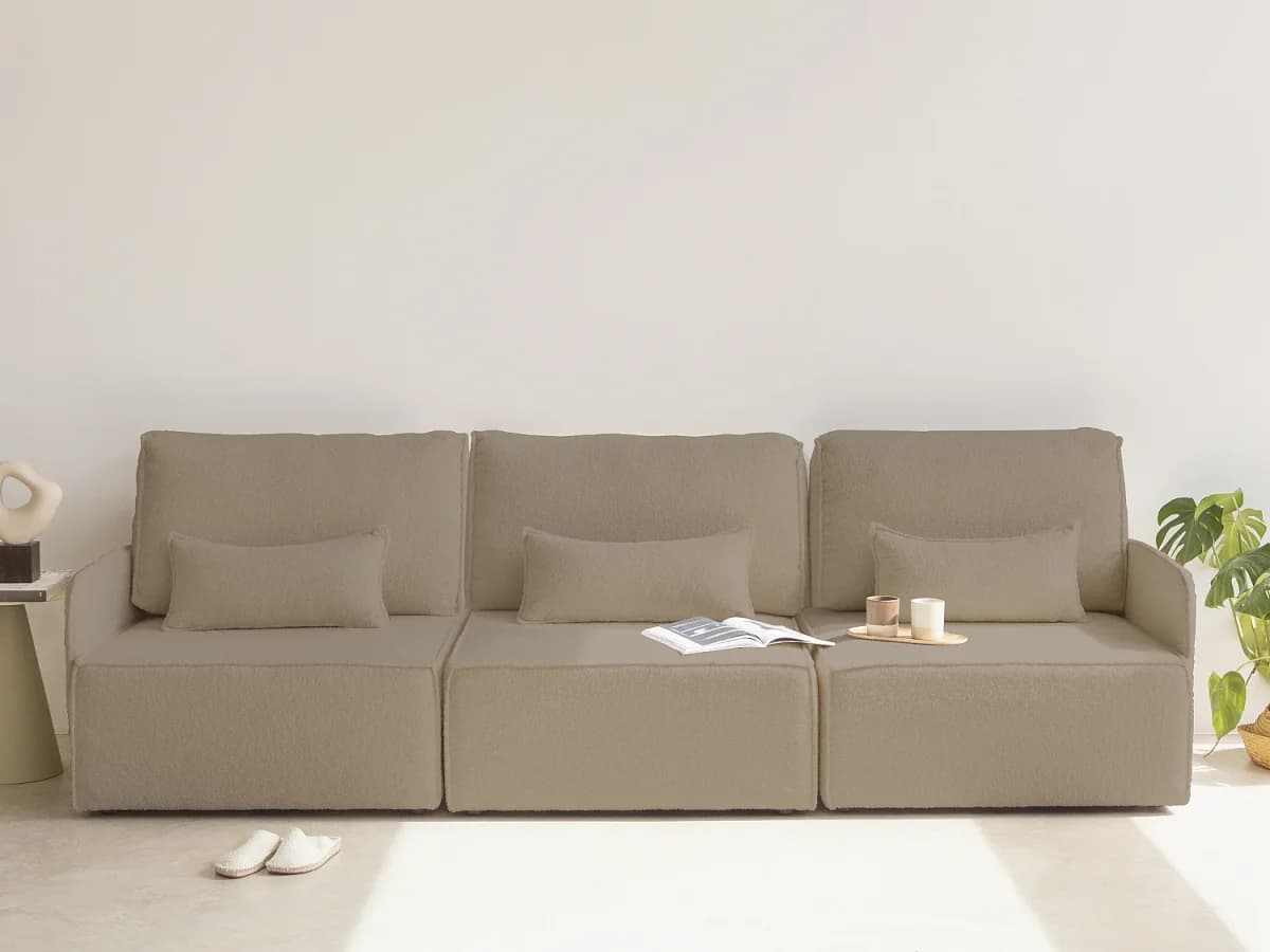 Sofá 4 lugares chaise longue estofado em bouclé e pinho Rosa claro