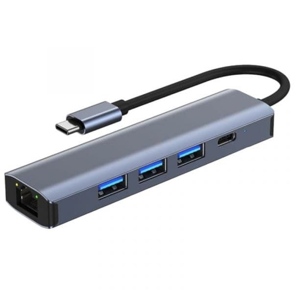 Hub USB BYL-2302 5 em 1 USB Tipo-C/USB 3.0+Tipo C 100W+RJ45 Cinza