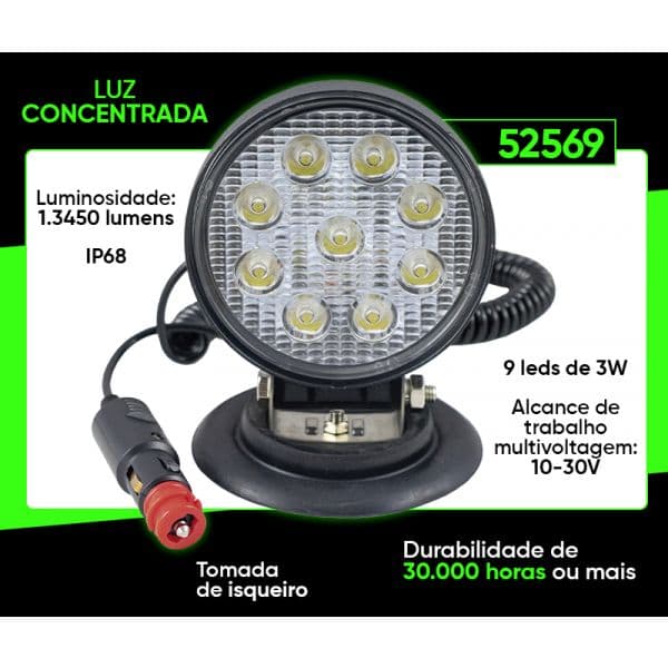 JBM Farol Auxiliar Led Redondo Luz Concentrada Magnético - 52569