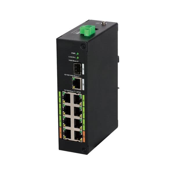 X-Security Switch ePoE 8 Portas PoE + 1 Uplink RJ45 + 1 SFP Velocidade 10/100 Mbps Potência 60 W por porta Potência máxima total 120 W Norma IEEE802.3at (PoE) / af (PoE+) XS-SW1008EPOE-120-DIN